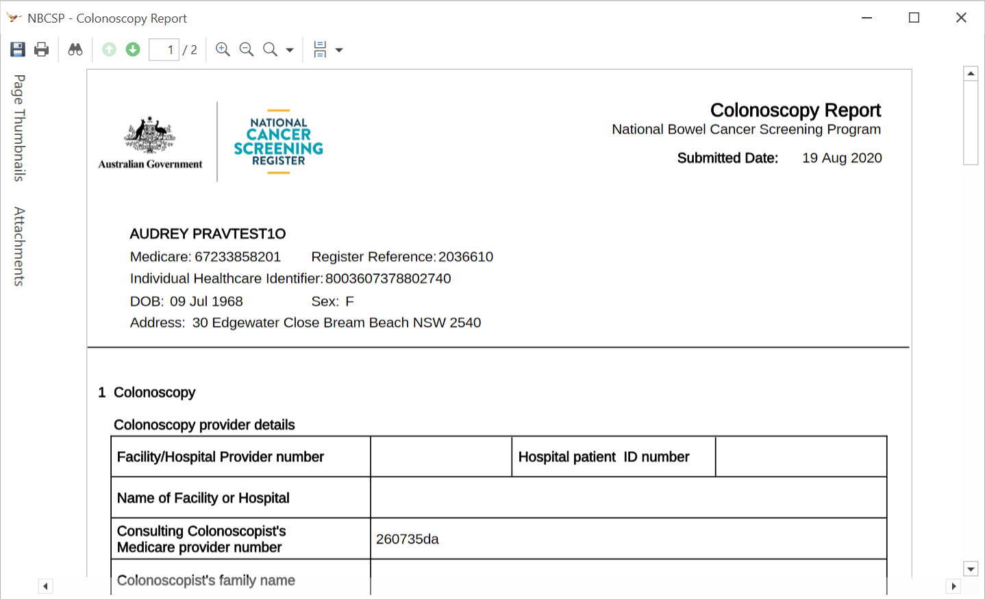 Example colonoscopy report from the Patient NCSR History section.